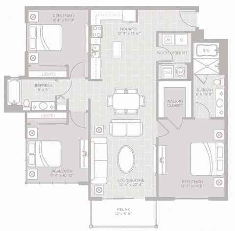 Floor plan for 3 beds, 2 baths, 1428 sqft